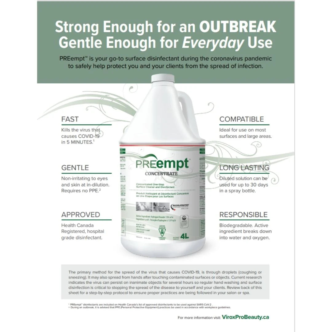 PREempt surface disinfectant bottle with product features on a white background