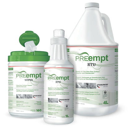 PREempt cleaning products including wipes, RTU bottle, and gallon container on a white background