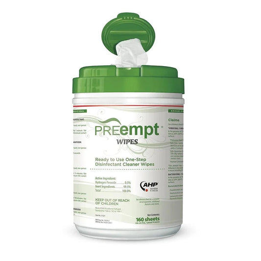 Preempt wipes container with green lid on a white background