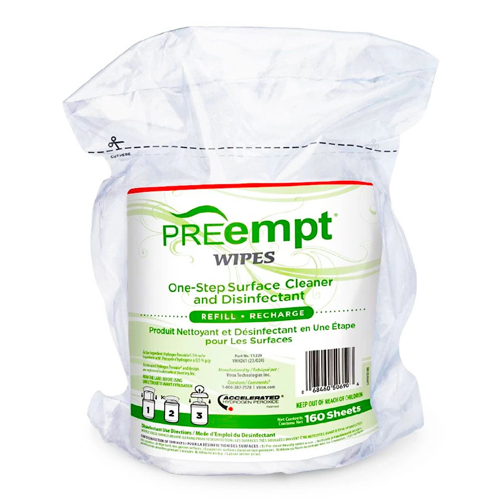 Preempt wipes refill with green lid on a white background