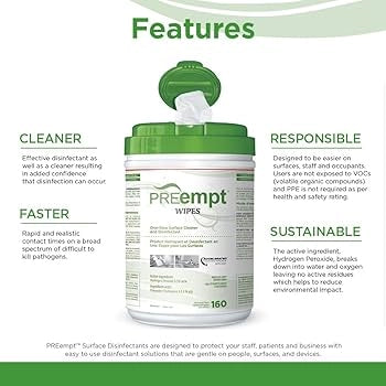 PREempt wipes container with features listed on a white background