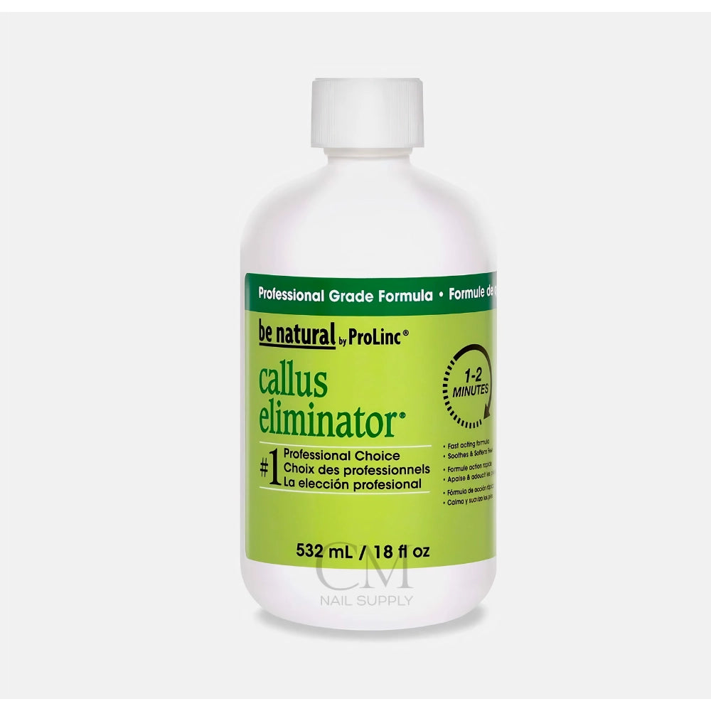 Bottle of be natural by Prolinc callus eliminator on a white background