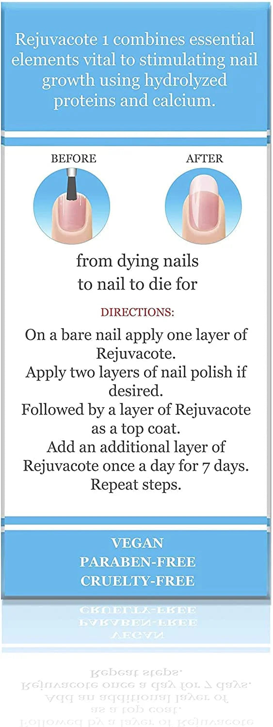 Product packaging for Rejuvacote nail treatment with 'Before' and 'After' illustrations, directions, and branding information.