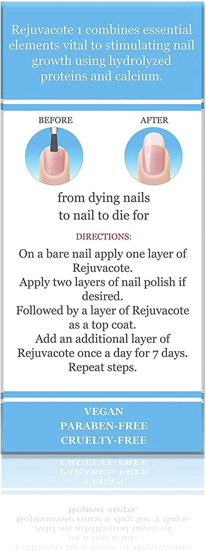 Product packaging for Rejuvacote nail treatment with 'Before' and 'After' illustrations, directions, and branding information.