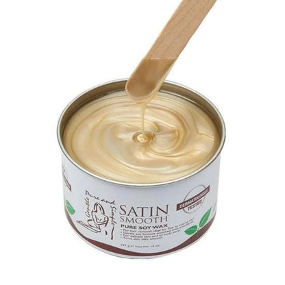 Can of Satin Smooth pure soy wax with a wooden spoon