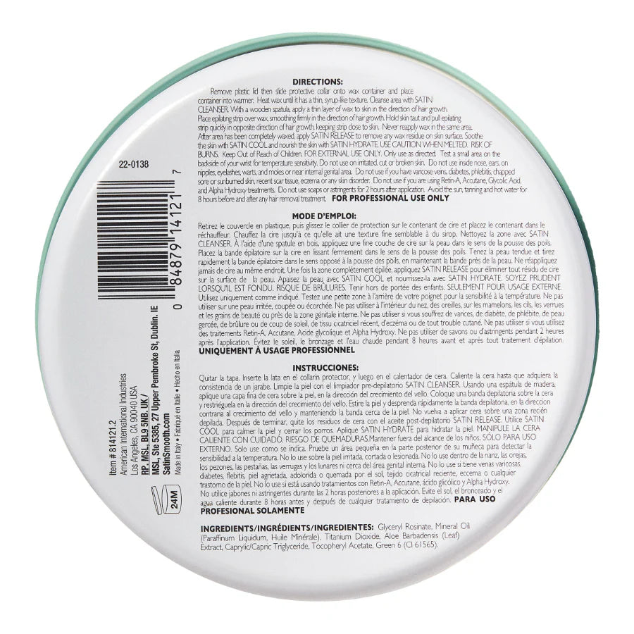Back label of a Satin_Smooth wax with text and a barcode on a white background
