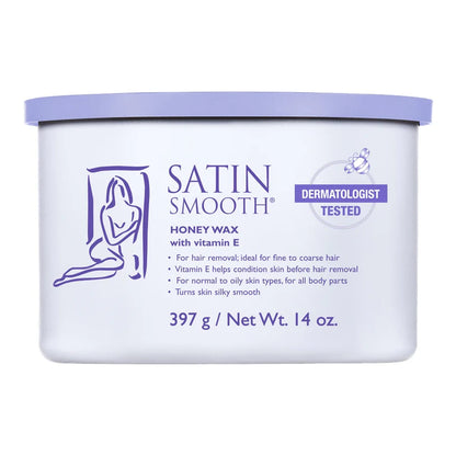 Jar of Satin Smooth honey wax with vitamin E on a white background