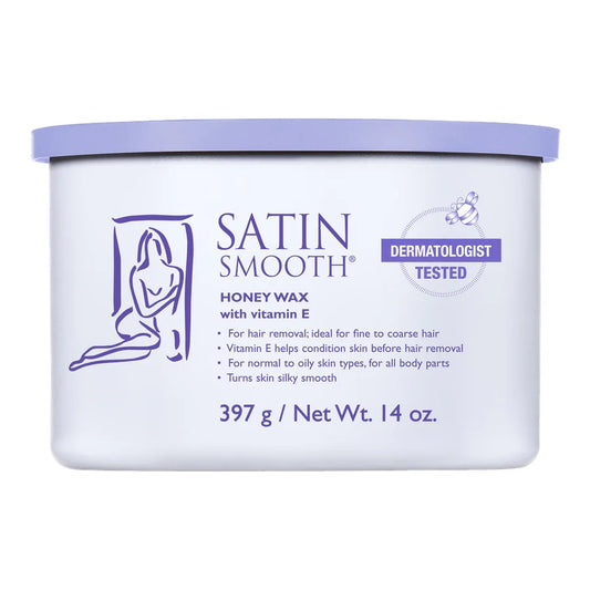 Jar of Satin Smooth honey wax with vitamin E on a white background