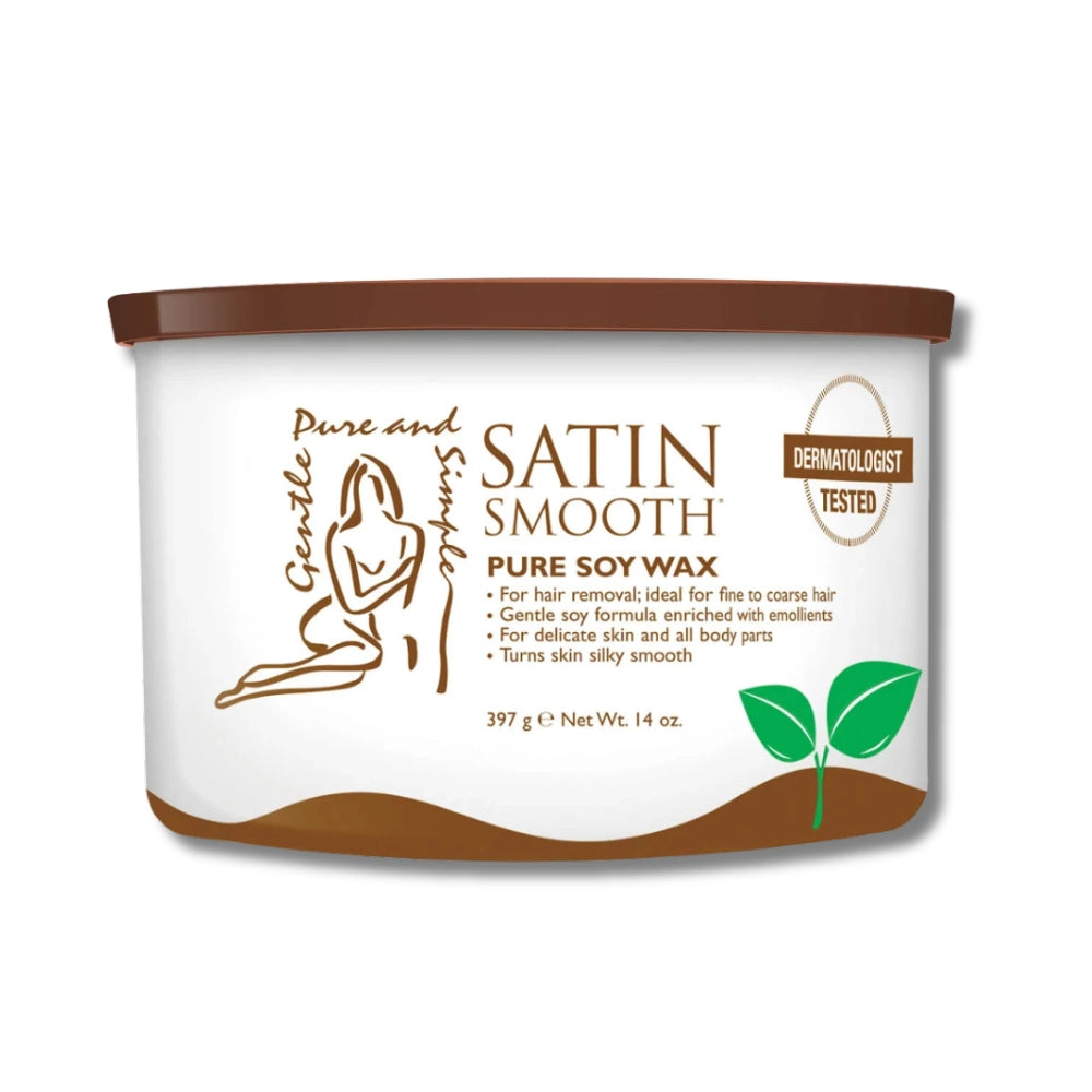 Container of Satin Smooth Pure Soy Wax with branding and product details.