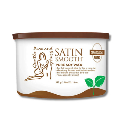 Container of Satin Smooth Pure Soy Wax with branding and product details.