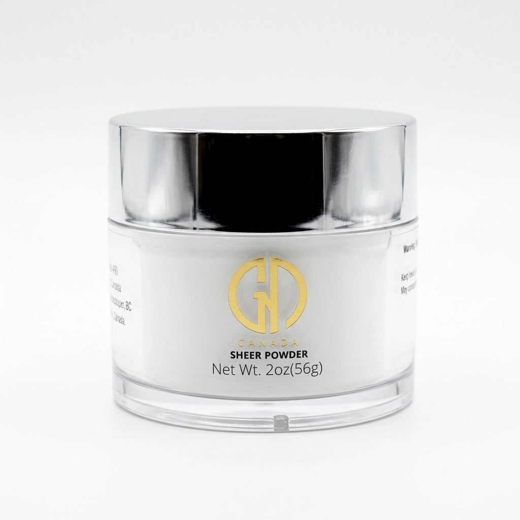 white acrylic powder with a gold logo on a white background