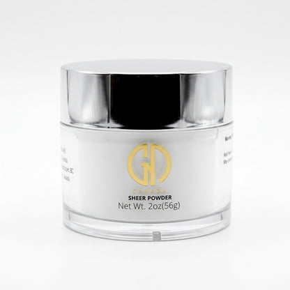 white acrylic powder with a gold logo on a white background