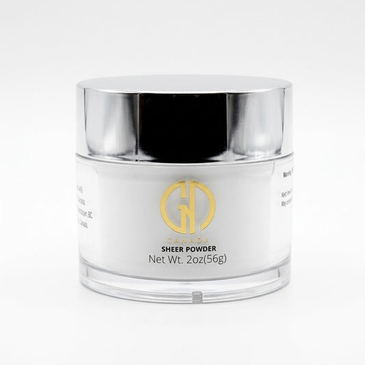 white acrylic powder with a gold logo on a white background