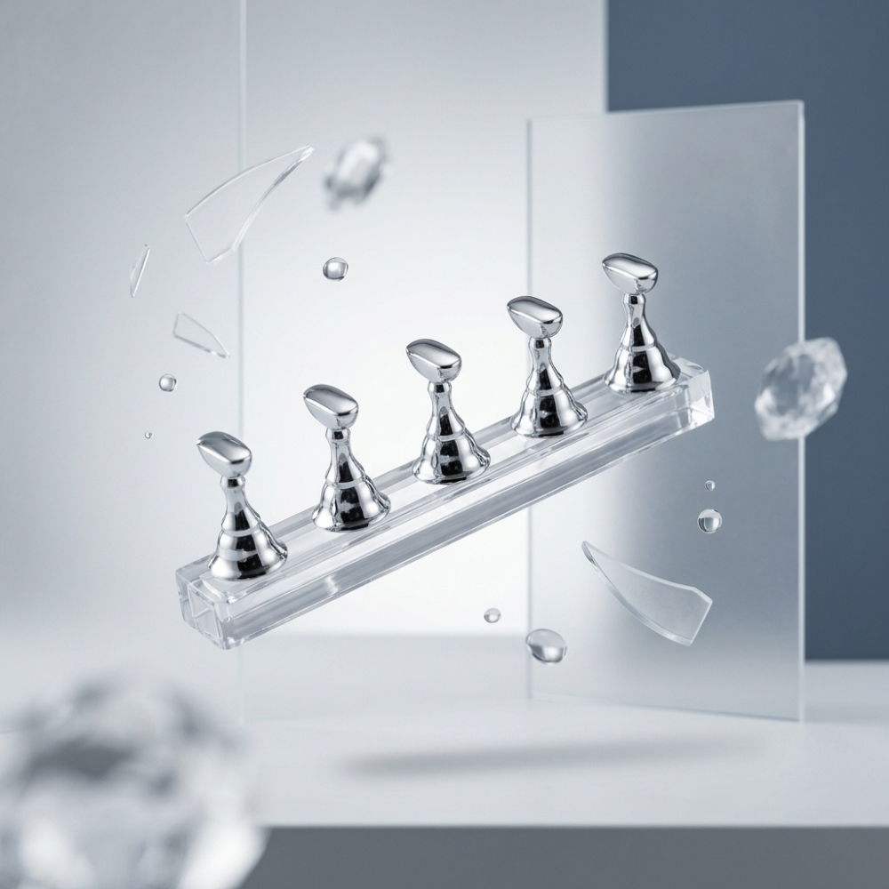 Clear acrylic stand with silver metal pegs on a light gray background