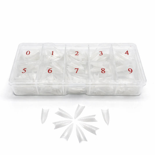 Stiletto nail tip display with numbers on a white background