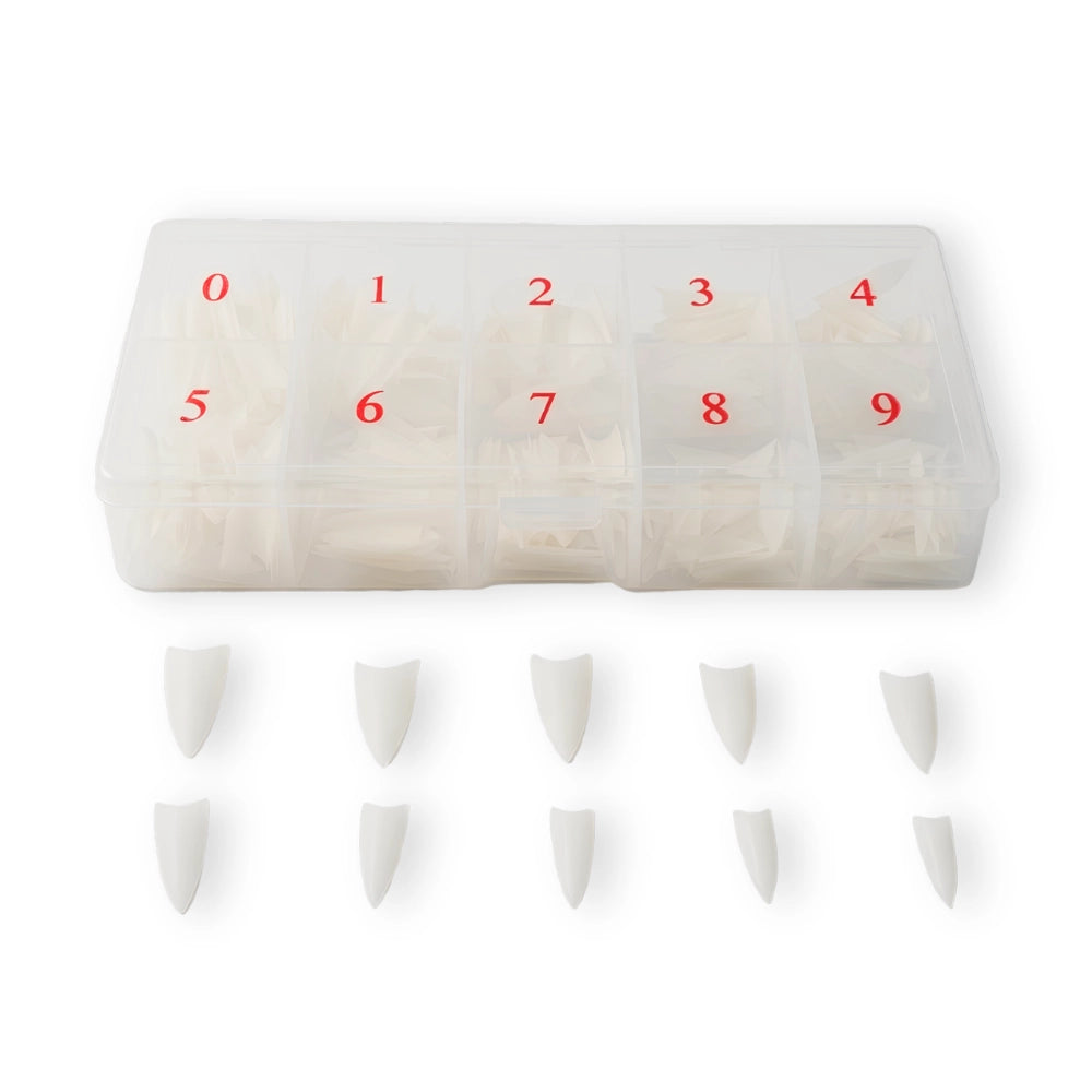 Stiletto nail tip display with numbers on a white background