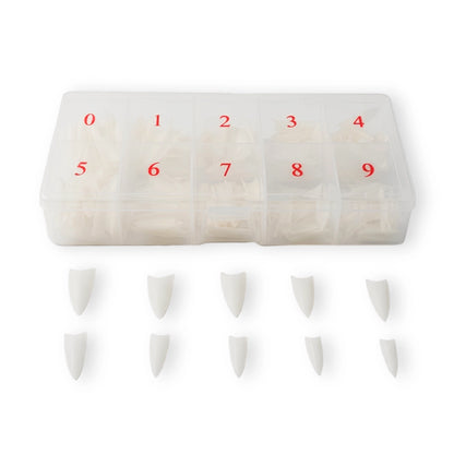 Stiletto nail tip display with numbers on a white background