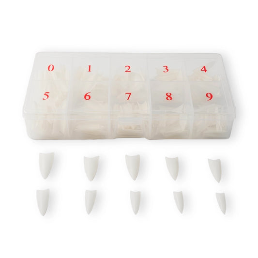 Stiletto nail tip display with numbers on a white background