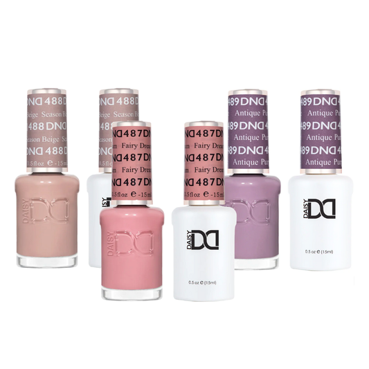 Vintage Dream Trio DND Gel & Lacquer Set showing Fairy Dream, Season Beige, and Antique Purple nude and mauve nail polish shades for elegant manicures