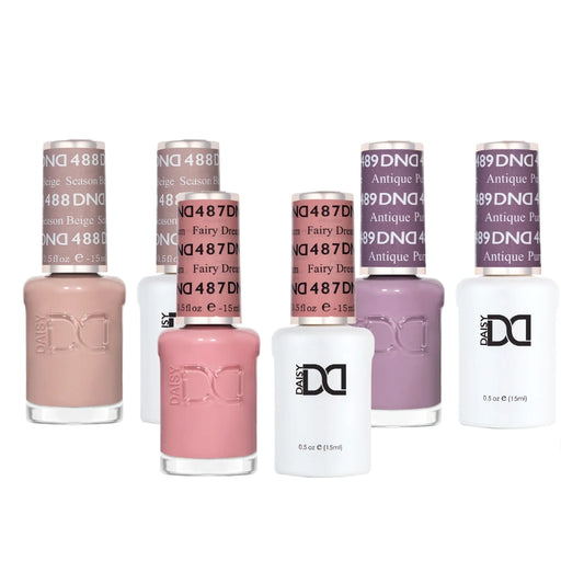 Vintage Dream Trio DND Gel & Lacquer Set showing Fairy Dream, Season Beige, and Antique Purple nude and mauve nail polish shades for elegant manicures