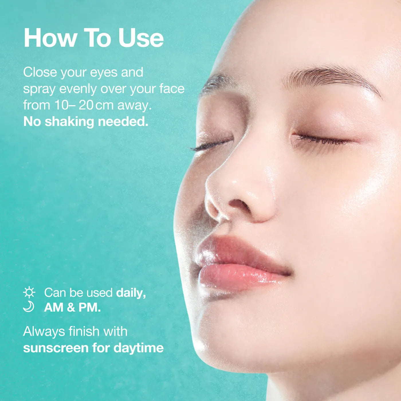 Anua PDRN Hyaluronic Acid Hydrating Capsule Mist bottle usage instructions with a close-up of a person's face on a teal background
