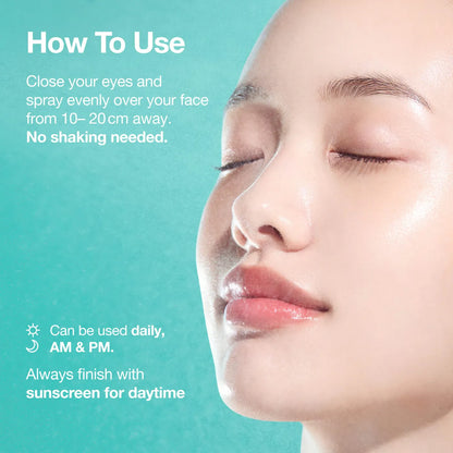 Anua PDRN Hyaluronic Acid Hydrating Capsule Mist bottle usage instructions with a close-up of a person's face on a teal background