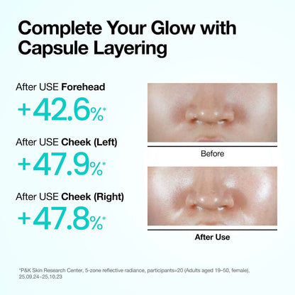 Advertisement for PDRN hyaluronic acid mist layering skincare product showing before and after effects on a person's face.