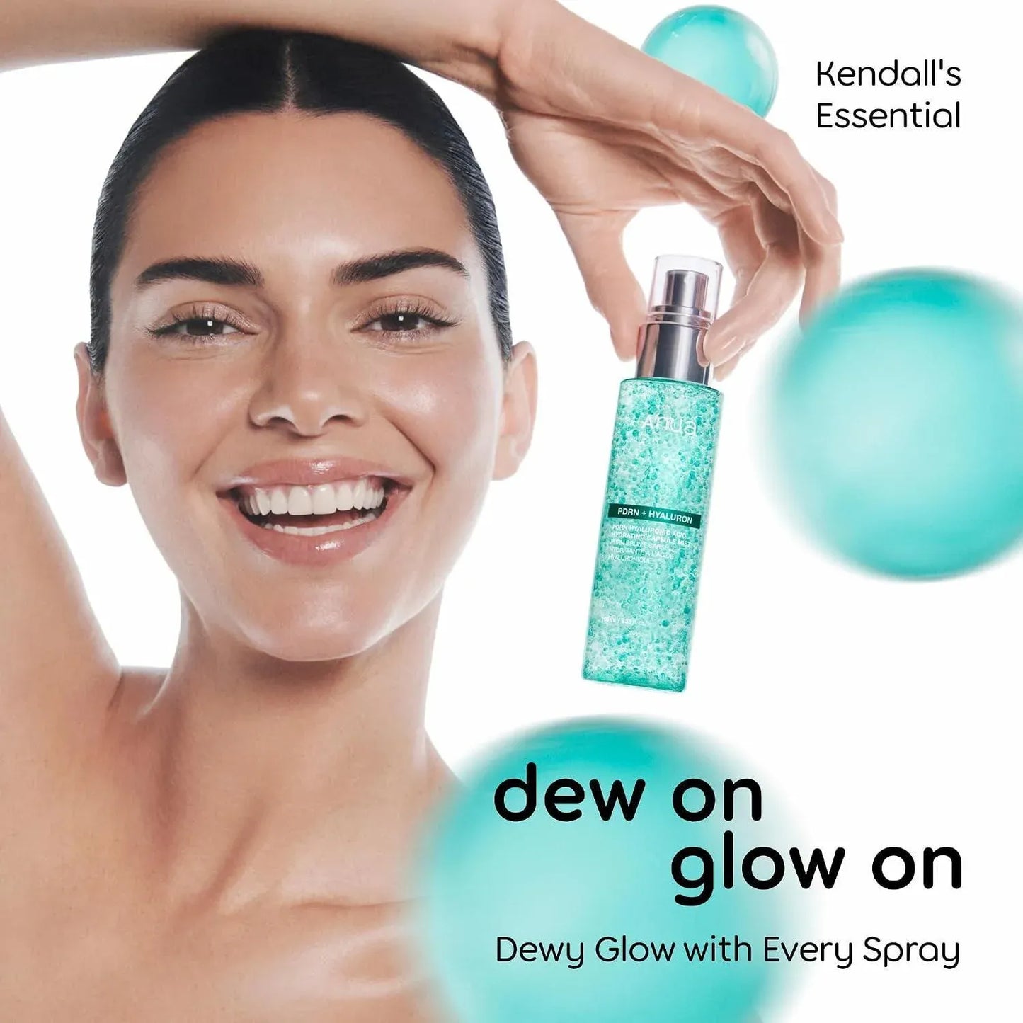 Anua PDRN mist being sprayed as a fine facial mist held with Kendall Jenner