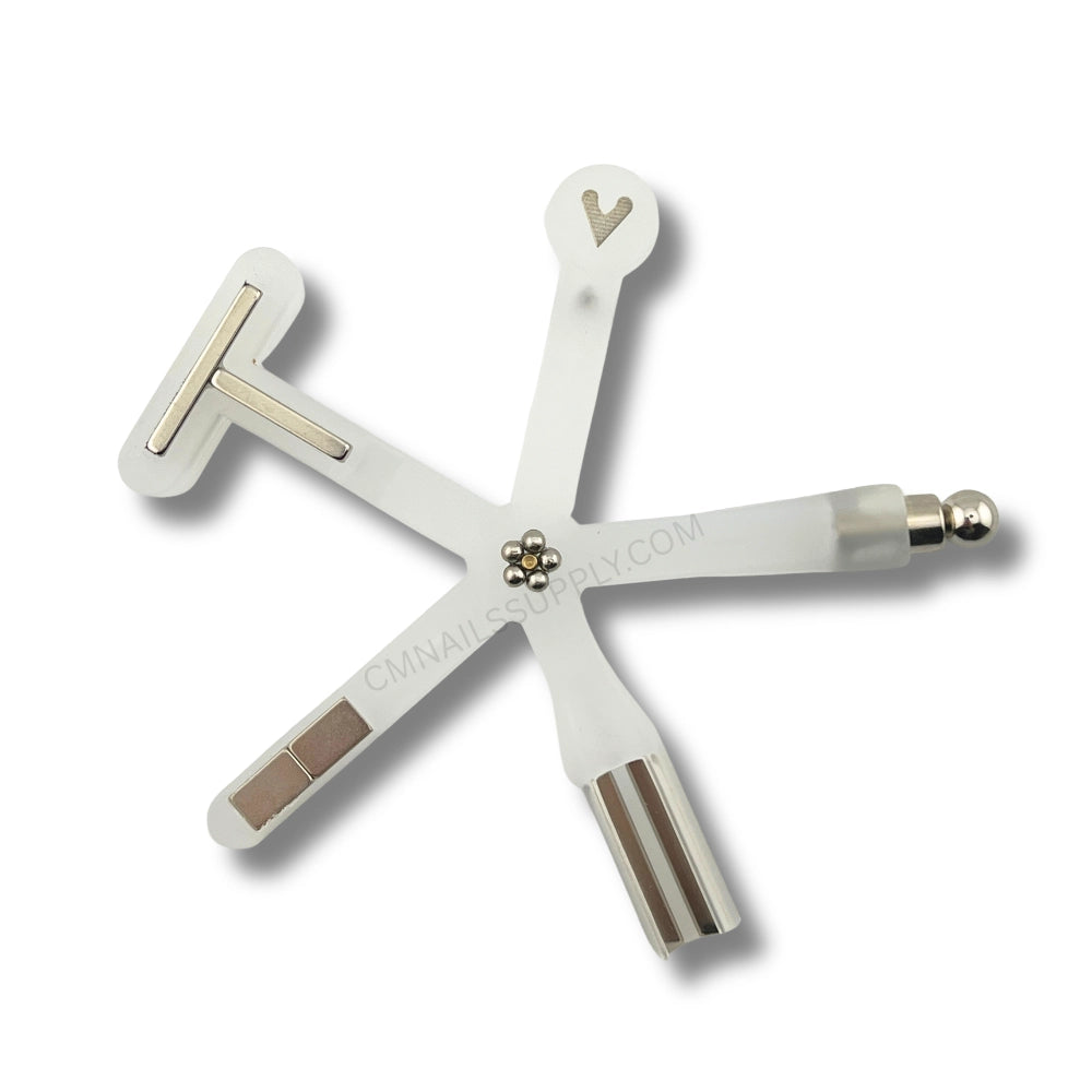 An 8-in-1 cat eye nail magnet tool with an ergonomic handle, showcasing its multiple interchangeable magnetic heads designed for creating diverse gel polish patterns.