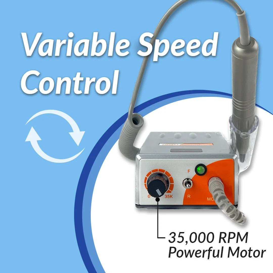 Professional nail technician using MediCool 35000 RPM electric nail drill on acrylic nails