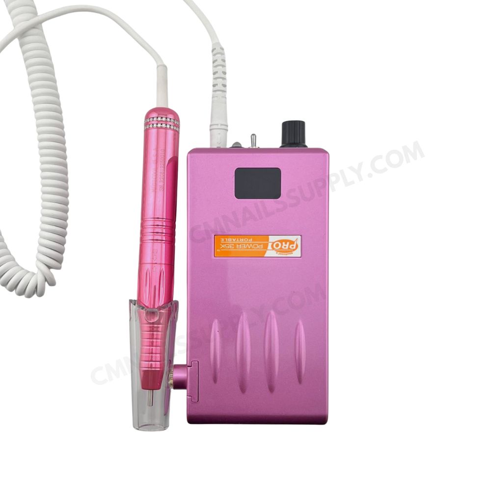 Rose gold rechargeable cordless nail drill machine showing elegant pink finish and speed control