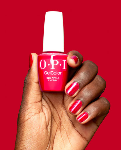 OPI GelColor Big Apple Energy S072 bottle displayed alongside Big Apple Red for shimmery red shade family comparison.
