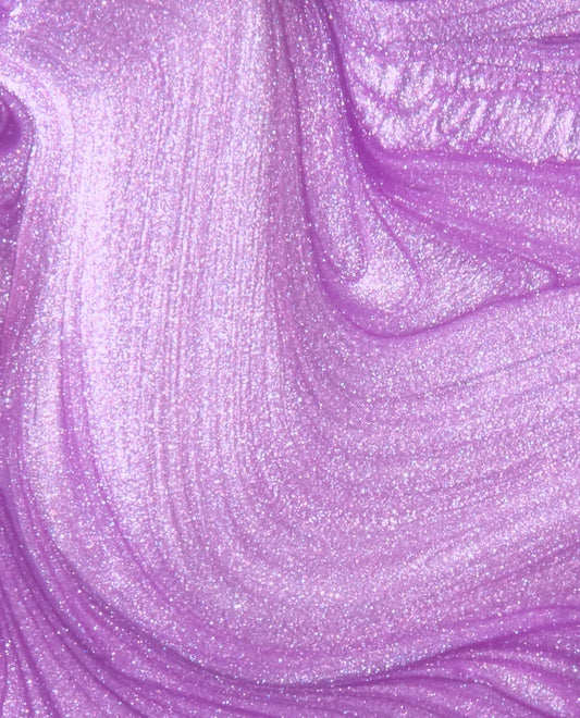 Close-up of purple glittery swatch OPI GEL POLISH Bikini Boardroom with swirling patterns.