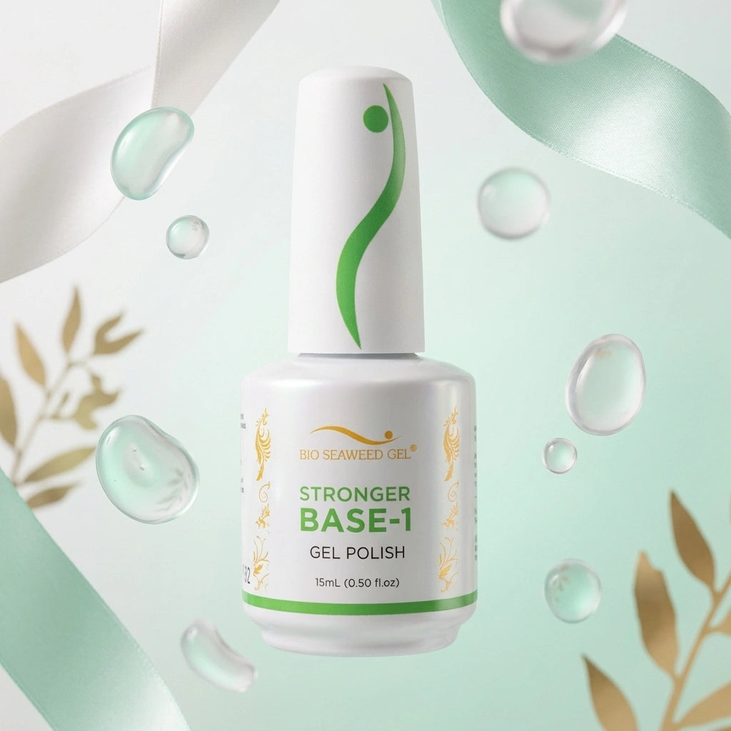Bio Seaweed Gel Stronger Base-1 Gel Polish bottle for stronger natural nails and enhanced gel adhesion