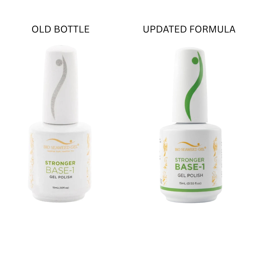 Bio Seaweed Gel Stronger Base-1 Gel Polish clear strengthening base coat shown old bottle vs new bottle updated formula