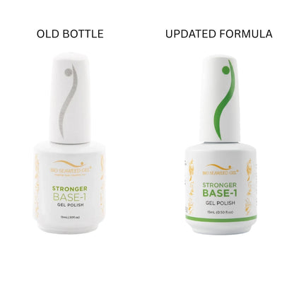 Bio Seaweed Gel Stronger Base-1 Gel Polish clear strengthening base coat shown old bottle vs new bottle updated formula