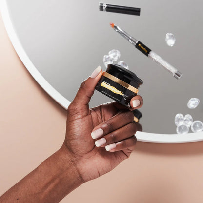 Before and after comparison showing matte builder gel versus top gel sealed high-gloss finish.