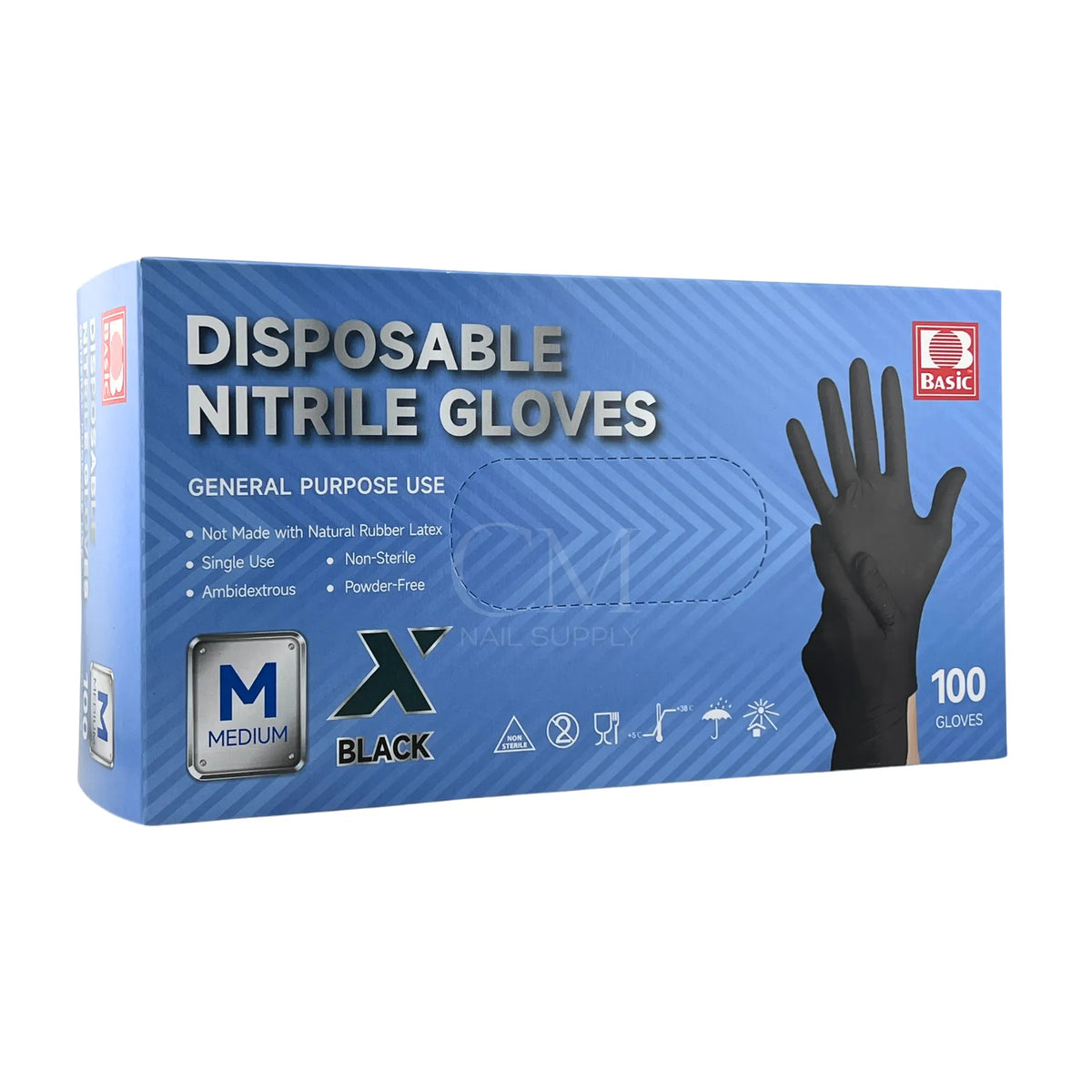 Pair of black nitrile disposable gloves worn on hands