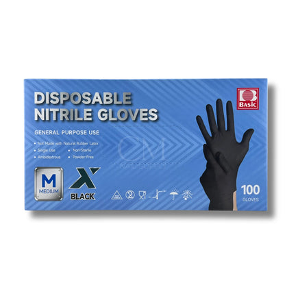 Black nitrile gloves available in small, medium and large sizes

