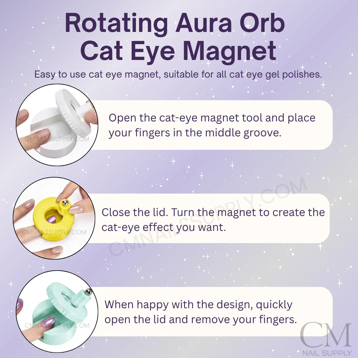 Instructional graphic for the Rotating Aura Orb Cat Eye Magnet nail polish tool, showing three steps with circular photos of hands using the rotating cat eye magnet
