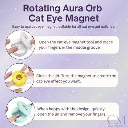 Instructional graphic for the Rotating Aura Orb Cat Eye Magnet nail polish tool, showing three steps with circular photos of hands using the rotating cat eye magnet