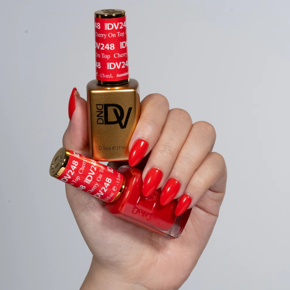 Hand swatch of DND red nail polish DIVA Cherry On Top color