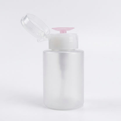 Clear round liquid pump bottle in a 4oz size with a blue and clear dispensing top