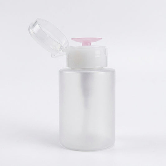 Clear round liquid pump bottle in a 4oz size with a blue and clear dispensing top