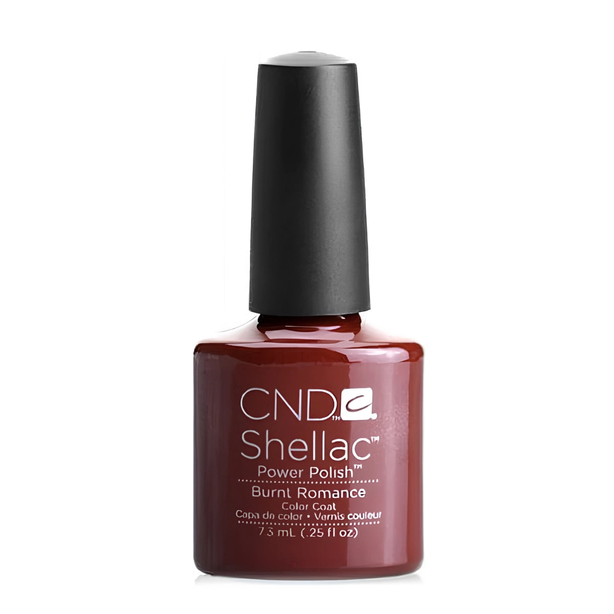 CND Shellac Burnt Romance nail polish bottle standing upright, showing the deep red maroon shade with terracotta undertones.