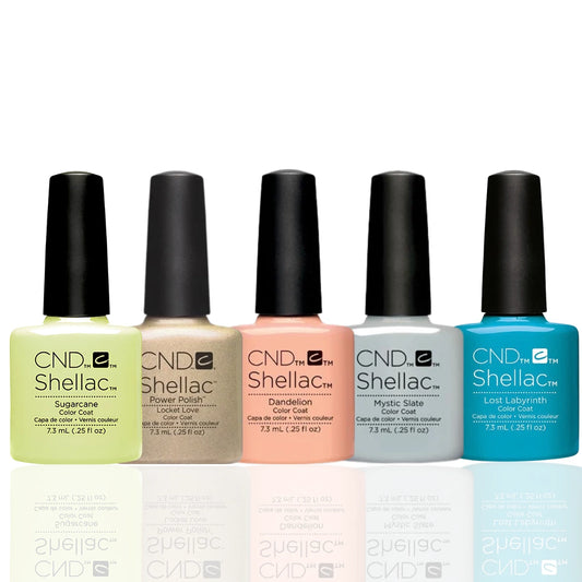 Six bottles of CND Shellac gel polish bundle lined up together