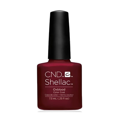 CND Shellac Oxblood nail polish bottle standing upright, showing the deep dark blood red creme finish.