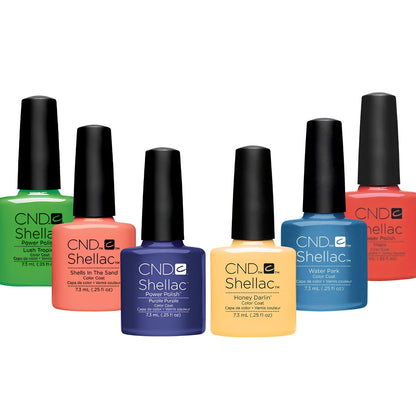 CND Shellac Coastal Sunset Collection six bottle bundle flatlay professional