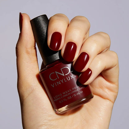 CND VINYLUX #365 Bordeaux Babe burgundy nail colour for a classic, sophisticated manicure.