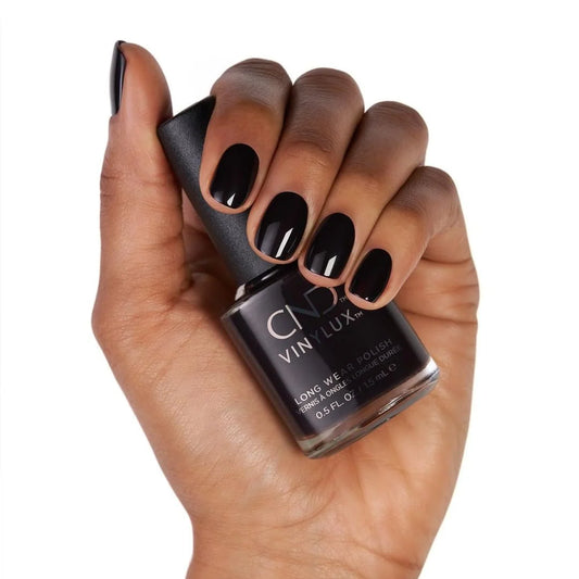 CND VINYLUX Dark Dahlia #159 nail polish bottle featuring a deep, dark red shade.